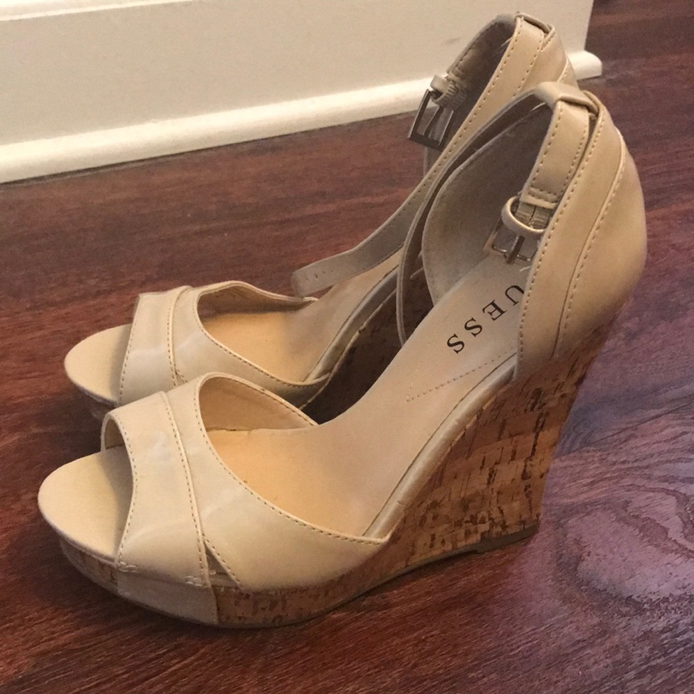 Guess Tan Wedge Ankle Strap Heels